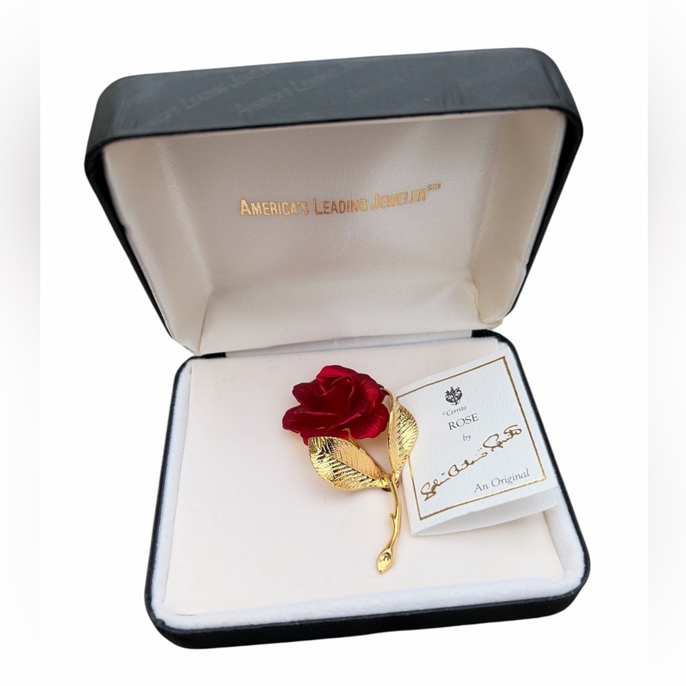 Vintage Cerrito Red Rose Brooch Original Zales Box & Card